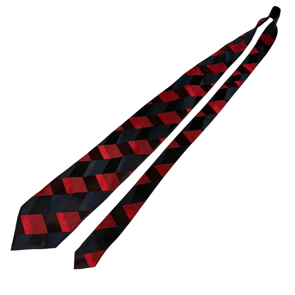 VTG Louis Vuitton Mens Silk Tie Red Black Navy Geometric Chevron‎ Made Italy 60